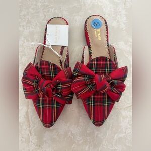 Isaac Mizrahi New York Red Plaid Bow Mule Flats Size 6.5 Tartan Slip On Shoes
